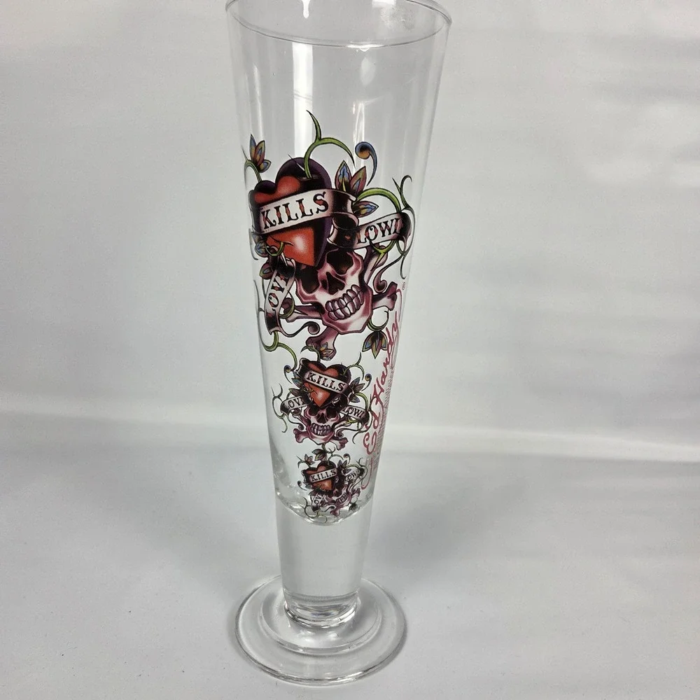 Ed Hardy Love Kills Slowly Pilsner Glass Skull Heart Tattoo Graphic Y2K Clear